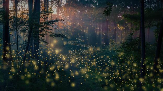 Evening View of Fireflies Glowing on Ground of Mysterious Forest at Dusk photo