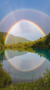 Double Rainbow Arcs Over a Serene Mountain Lake With Reflection on a Sunny Day photo