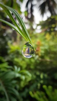 Dew Drop Reflecting a Building on a Blade of Grass in a Garden photo