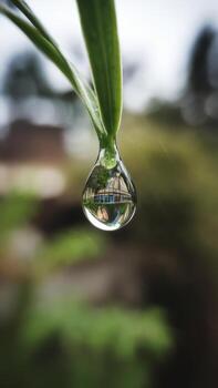 Water Droplet Hanging From Leaf Reflects Building in Blurry Garden Background photo