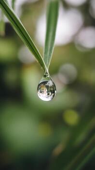 Water Droplet Clings to Grass Blade, Reflecting the Surrounding Landscape in a Close Up photo