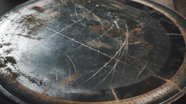 Worn Black Metal Surface Shows Multiple Scratches and Rust From Use photo