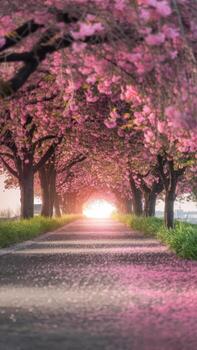 Pathway Through Pink Blossoms in Spring at Luminous Tunnel of Light photo