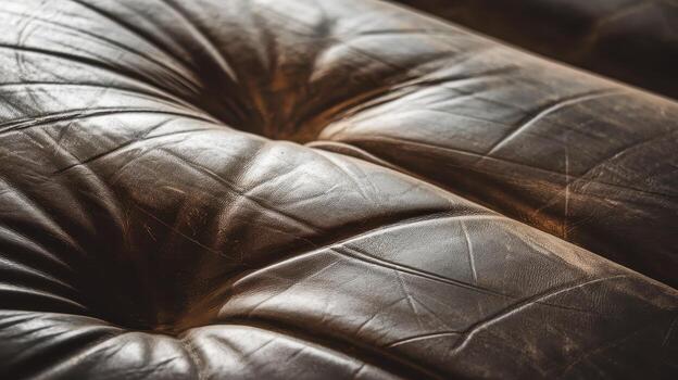 Close up View Shows Button Tufted Pattern on an Old Dark Brown Leather Sofa photo