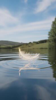 Feather Gently Touches the Surface of a Calm Lake on a Sunny Day photo