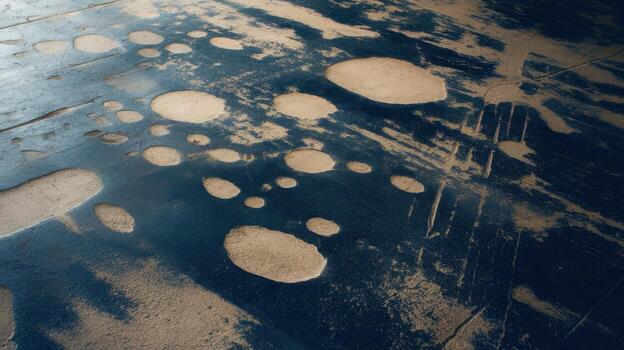 Blue and Beige Floor With Worn, Circular Spots Inside of an Old Building photo