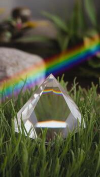 Crystal Pyramid Refracts Light to Form Colorful Rainbow on Green Grass photo