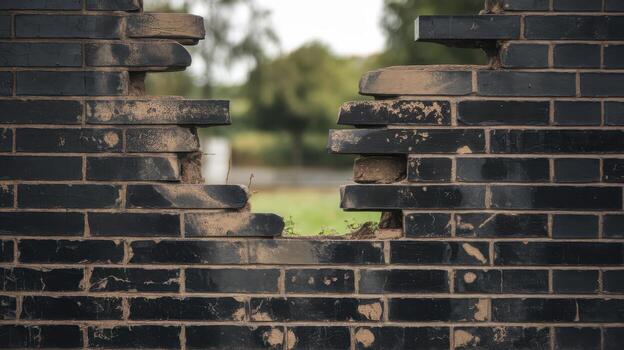 Broken Brick Wall With View of Green Landscape During the Daytime photo