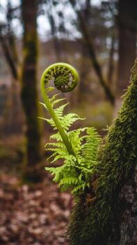 Close up of a Coiled Fern Frond Emerging From Moss Covered Tree in Forest photo