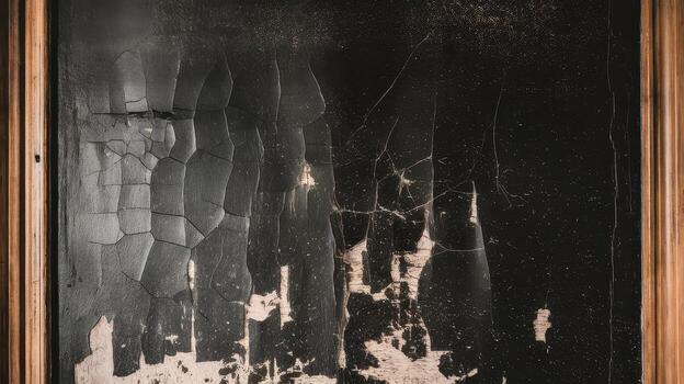 Close up of Cracked, Dark Old Painting With Wood Frame, Showing Deterioration and Age photo