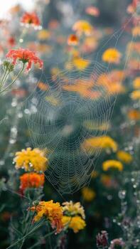 Spiderweb Hangs in a Field of Yellow and Orange Flowers on a Dewy Morning photo