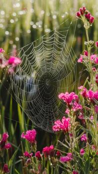 Spider Web Hanging With Dew Drops on Flowers in a Garden at Morning photo