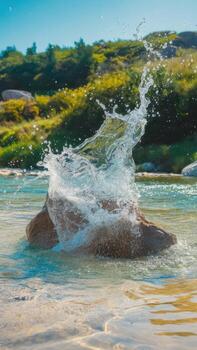 Water Splashes on a Rock in a River During the Daytime on a Sunny Summer Day photo