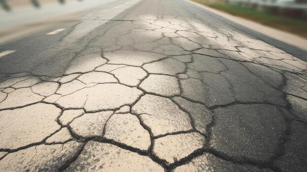 Cracked Asphalt on a Road Surface Shows Deterioration After Years of Use photo
