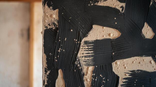 Black Paint Strokes Over Tan Textured Wall in a Home in The Afternoon photo
