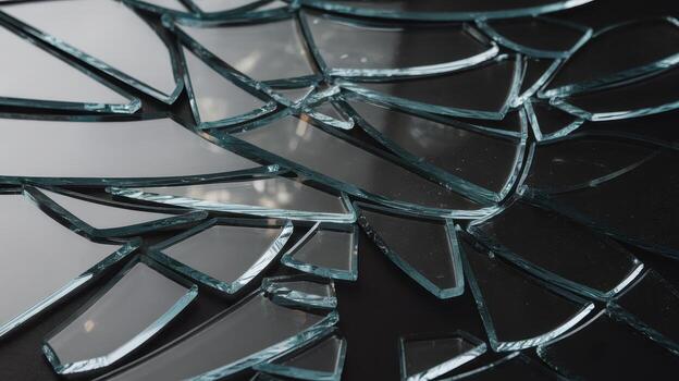 Shattered Fragments of Glass Reflect on a Black Surface, Creating an Abstract Pattern photo