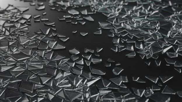 Scattered Broken Glass Pieces on a Shiny Black Surface Create Abstract Patterns photo