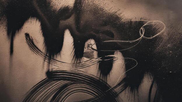 Abstract Art of Black Brushstrokes and Swirling Lines on Beige Background photo