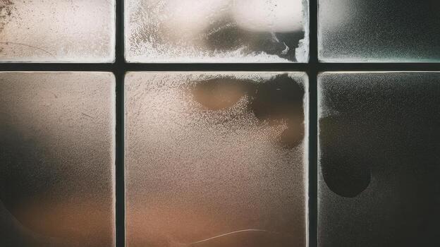 Close View of Frosted Glass Window With Condensation and Blurred Lights photo