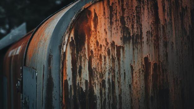Round Rusted Metal Tank Showing Orange and Brown Dripping Rust Patterns photo