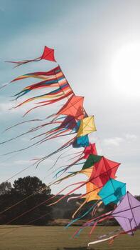 Flying a Colorful Train of Kites Over a Grassy Field in Daytime photo