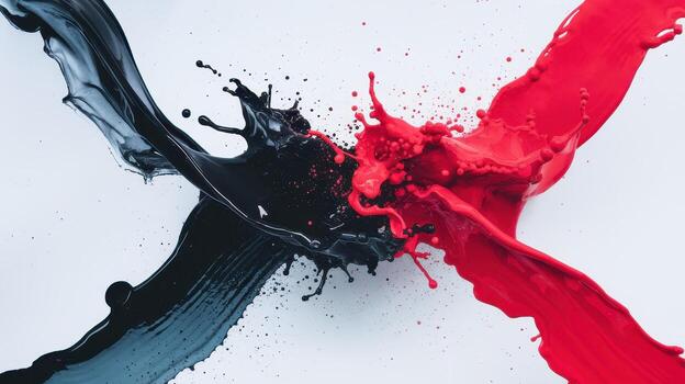Red and Black Paint Collide in an Abstract Explosion Against a White Background photo