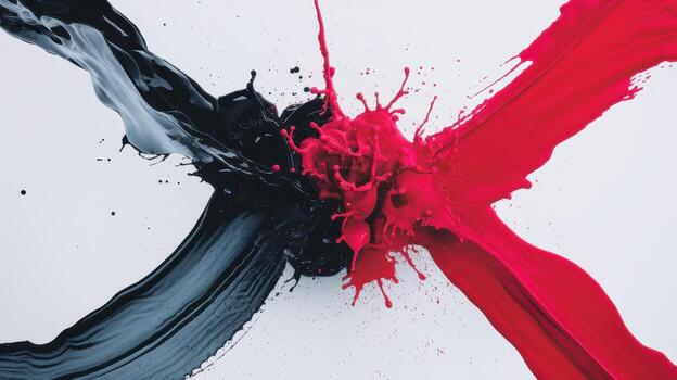 Red and Black Liquids Collide and Explode on a Stark White Surface Background photo