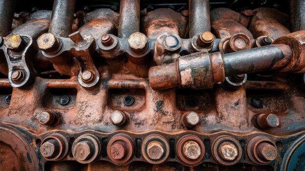 Close up Shows Weathered Engine Block and Valve Train, With Rust and Wear Present photo