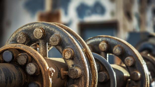 Old Rusted Metal Pipe Flanges Connect in Close Up, Showing Signs of Deterioration photo
