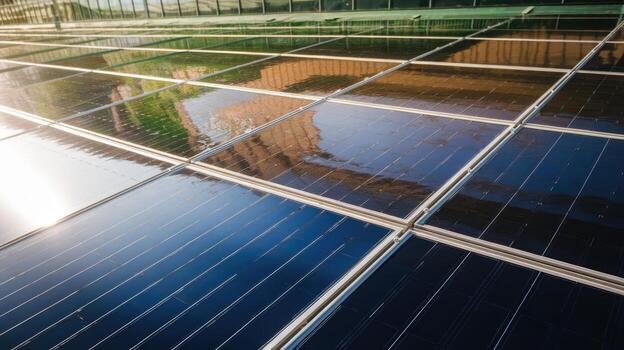 Solar Panels Reflecting Sky And Structure On Sunny Afternoon photo