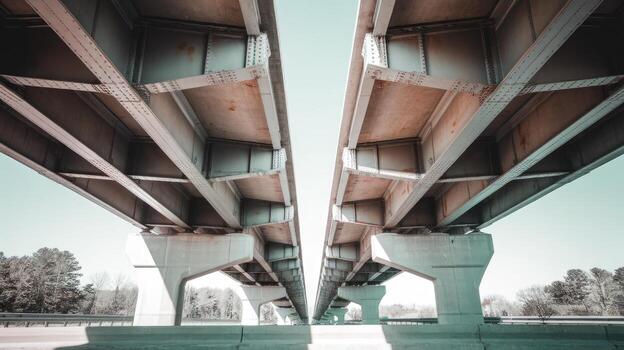 Looking up Under Highway Bridge Showing Road Structure and Supports photo