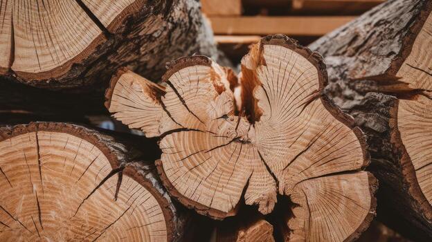 Stacked Firewood Logs Showing Visible Tree Rings and Textured Bark photo