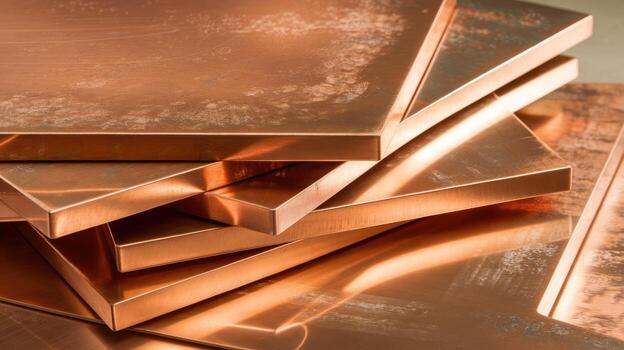 Stack of New Shiny Copper Plates in a Pile Ready for Industrial Use photo