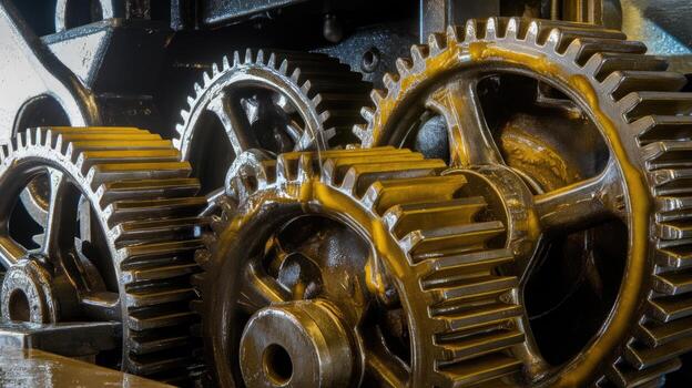 Close up of a Complex Arrangement of Metal Gears and Cogs photo