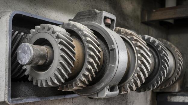 Close up Shows Multiple Gears Inside of a Mechanical Device in a Factory photo