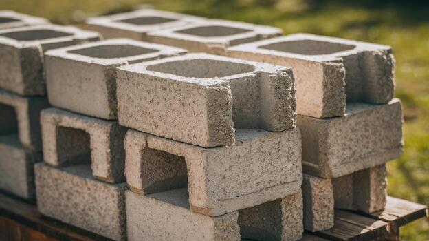 Stack of Cinder Blocks on a Wooden Pallet in Sunlight Outdoors photo