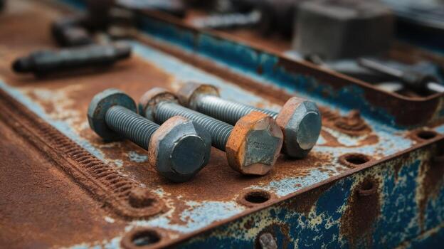 Close View of Rusty Nuts and Bolts Laying on a Textured, Painted Metal Surface photo