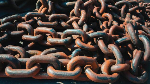 Close up Shows Pile of Large, Rusty Metal Chains Sitting in Bright Sunlight photo