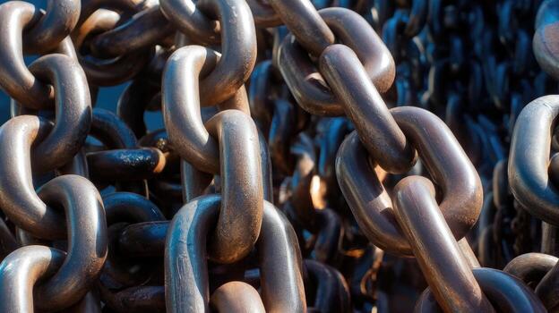 Rusty Metal Chains Interlock Creating a Strong, Industrial Texture in Outdoor Sunlight photo