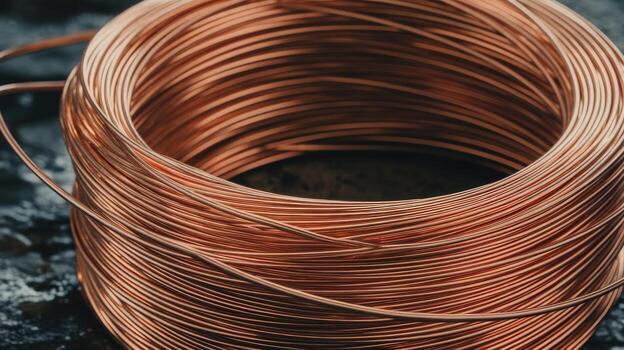 Roll of Copper Wire Sitting on a Dark Textured Surface in Studio photo