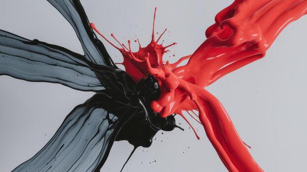 Black and Red Paints Colliding and Splashing on a Gray Background photo