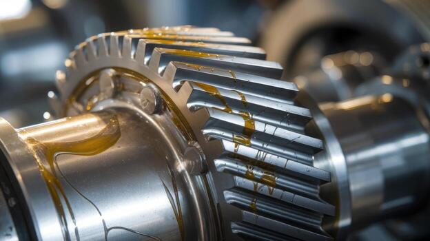Close up of Silver Gears With Oil During Industrial Application Process photo