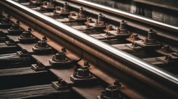 Detailed View of Railroad Tracks With Metal Rails and Wood Ties photo