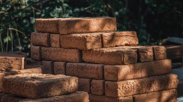 Stack of Handmade Red Clay Bricks at Outdoor Construction Site photo