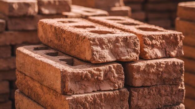 Stack of Rectangular Red Clay Bricks With Holes Sitting in the Afternoon Sun photo