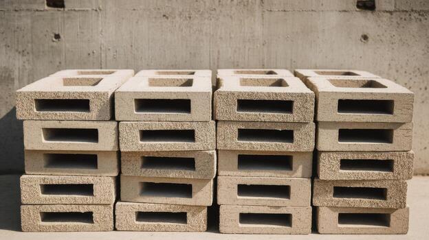 Stack of Rectangular Bricks With Openings Near a Textured Concrete Wall photo