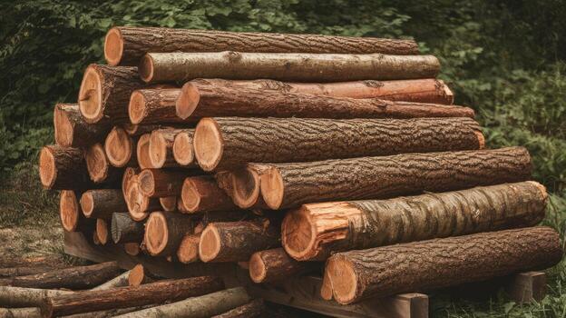 Stack of Cut Logs Lying on a Wooden Pallet in the Forest photo