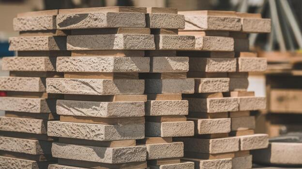 Stack of New Textured Stone Bricks With Wooden Spacers in Daytime photo