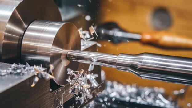 Metal Machining Process Using a Lathe With Metal Chips in Workshop photo