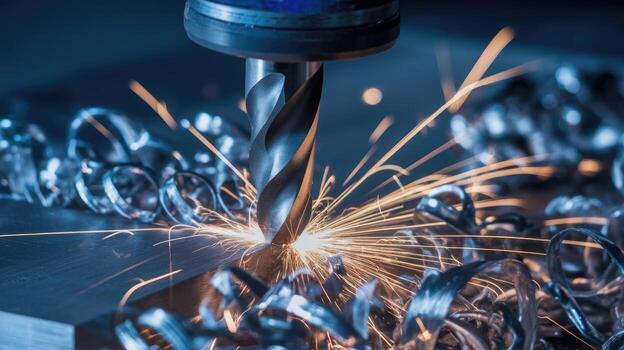 Metal Drilling With Sparks and Shavings in a Factory at Daytime photo